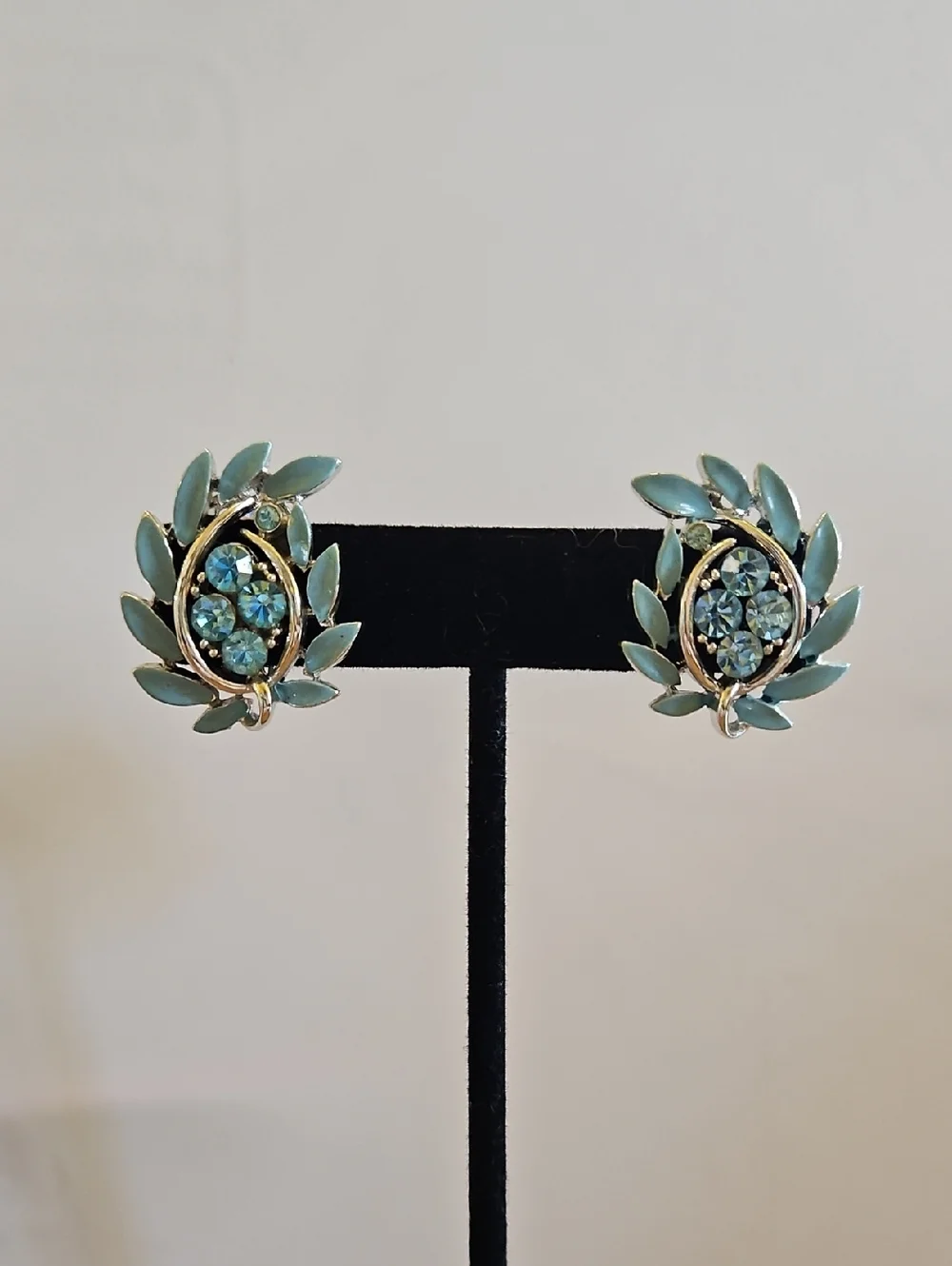 Vintage Blue Aqua Rhinedtone Enamel Leaf Clip-On Earrings - Picture 2 of 6